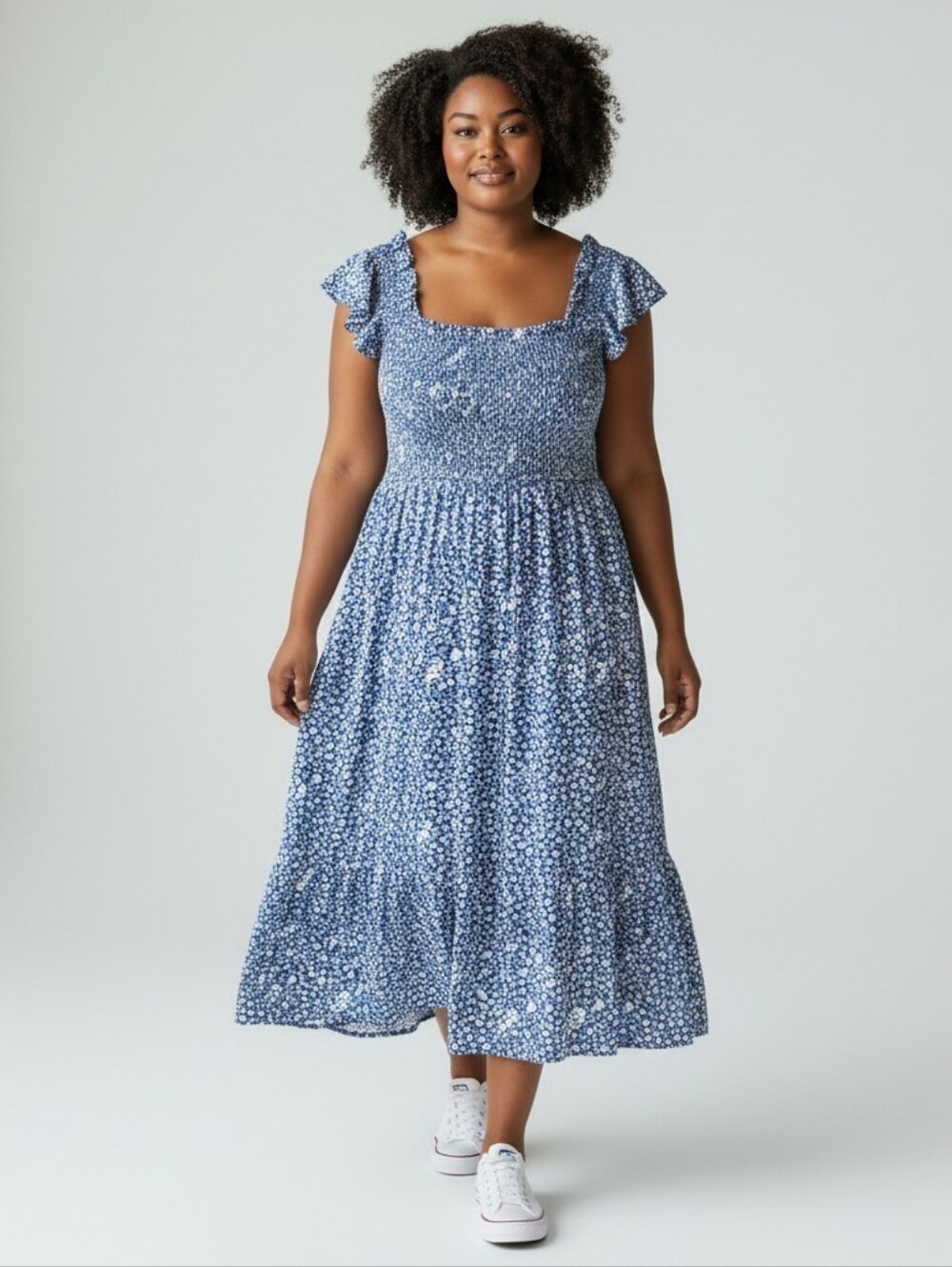 Zoey & Leelo Blue Floral Square Neck Tiered Maxi Dress Women's Plus Size 1X NWT